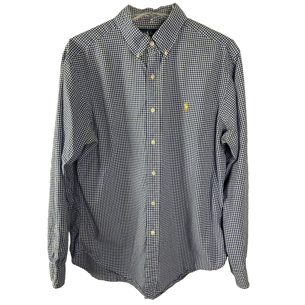 Ralph Lauren Mens Shirt Size Large Check Yellow Pony Classic Fit Blue Cotton B22
